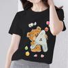 T-shirt Harajuku Simple Casual Woman R Letter Initial Commuter Shirt Basic Style Playful Cute Bear Print O-neck Black Clothes