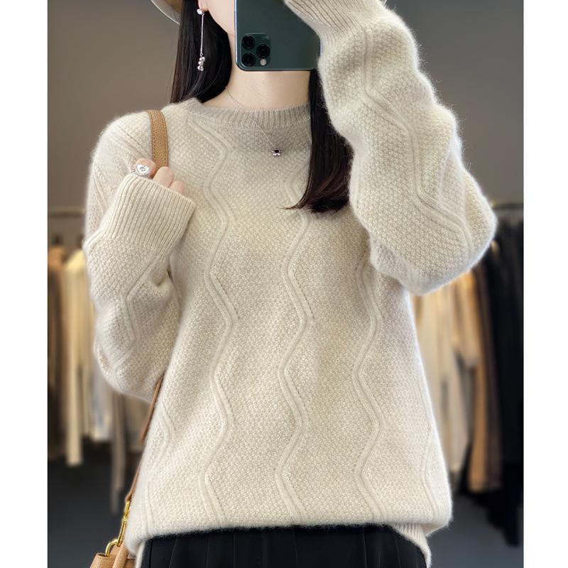 Women's Wave Pattern Wool Sweater - Round Neck, Solid Color, Knitted, Thickened, Loose Fit for Autumn/Winter.