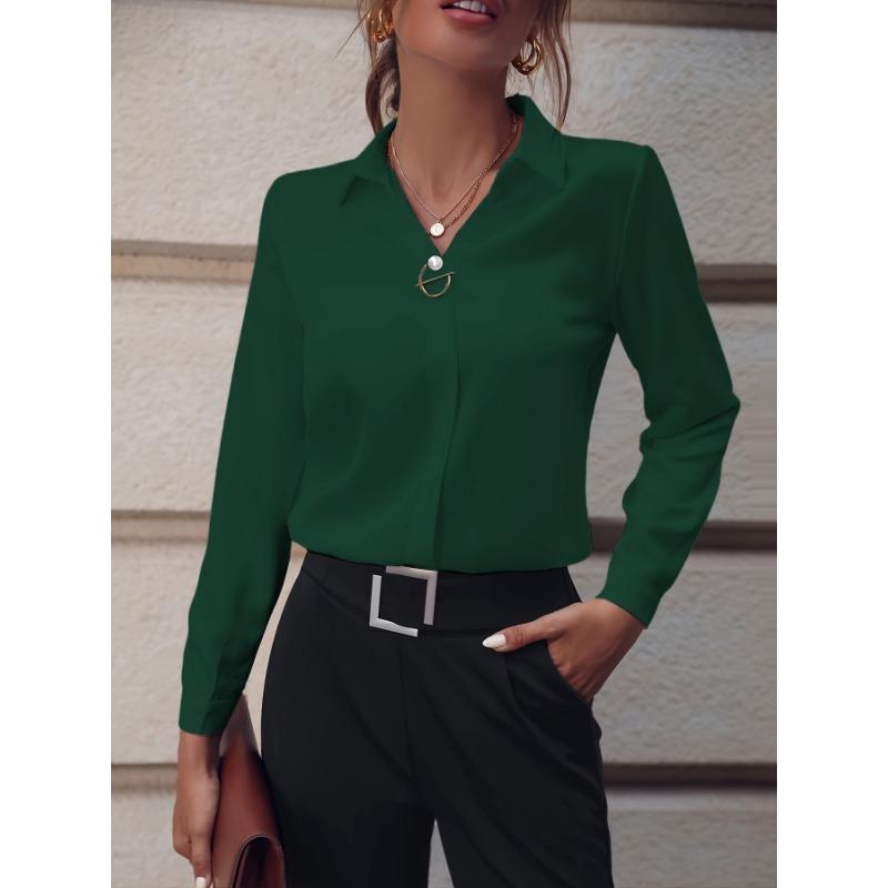 YYFS Women's Fashion Casual Spring Fall Solid Color Print Long Sleeve POLO Neck Blouses & Shirts