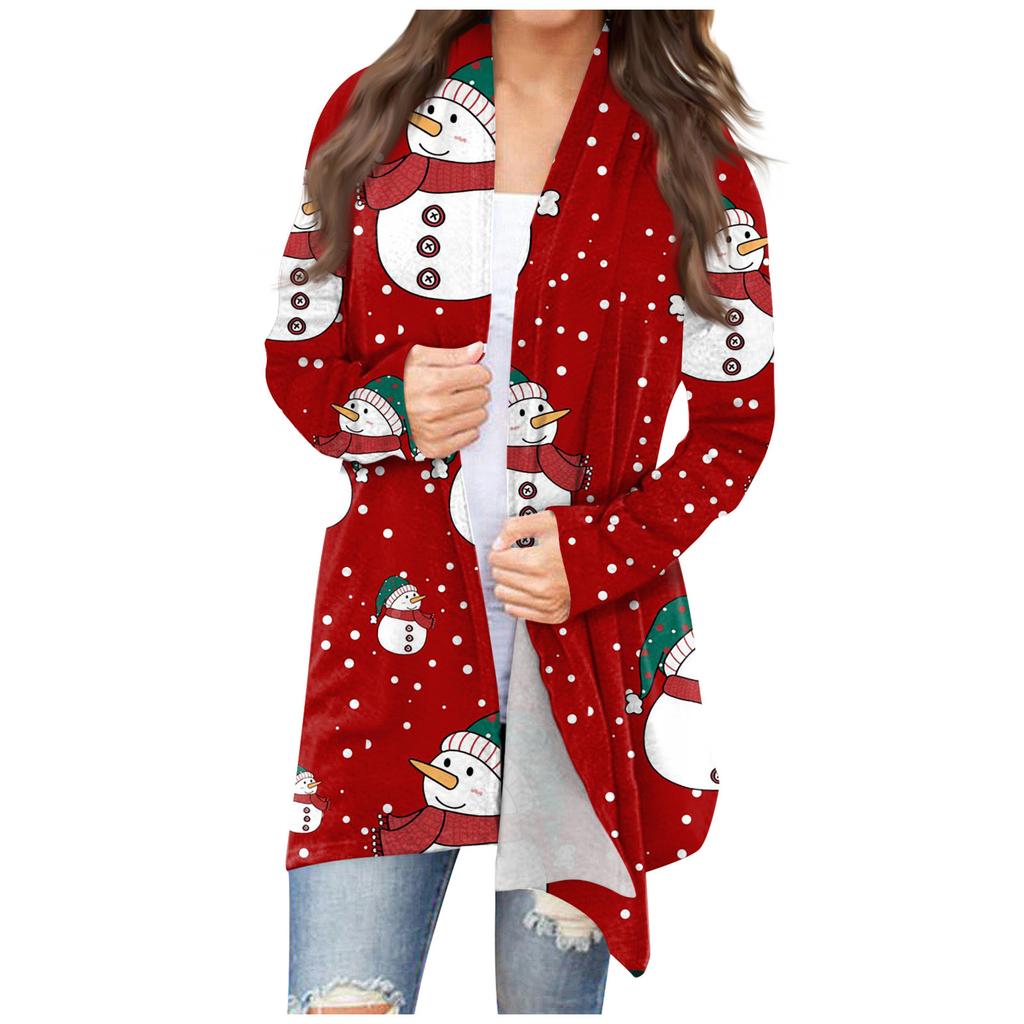 Women's Fashion Casual Christmas Print Medium Length Cardigan Jacket Coat