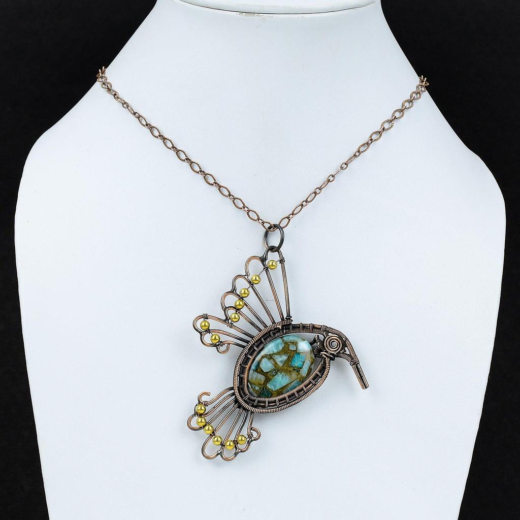 Медный кулон с амазонитом, медная проволока, кулон, ювелирные изделия с птицами, кулон с драгоценным камнем, кулон ручной работы, медная проволока, ювелирные изделия, свадебные подарки