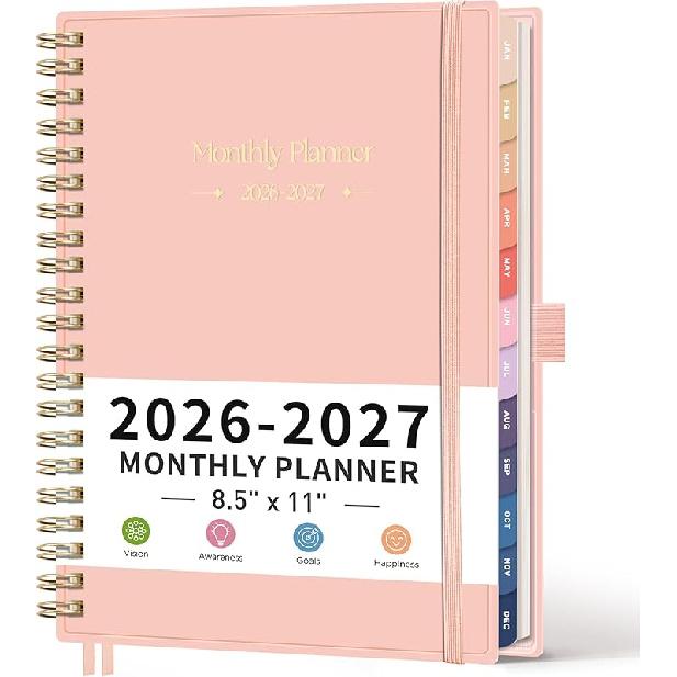 Ежемесячный планировщик RETTACY 2026-2027, Янв 2026 - Дек 2027, Большой размер (8,5 "х 11"), Повестка дня, Календарь, 24 месячных вкладки, Гибкая пластиковая обложка, 100 г/м²