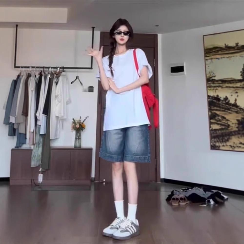 Ретро пикантные женские джинсовые шорты с низкой посадкой - Летний свободный крой 5-точечный дизайн с широкими штанинами средней длины