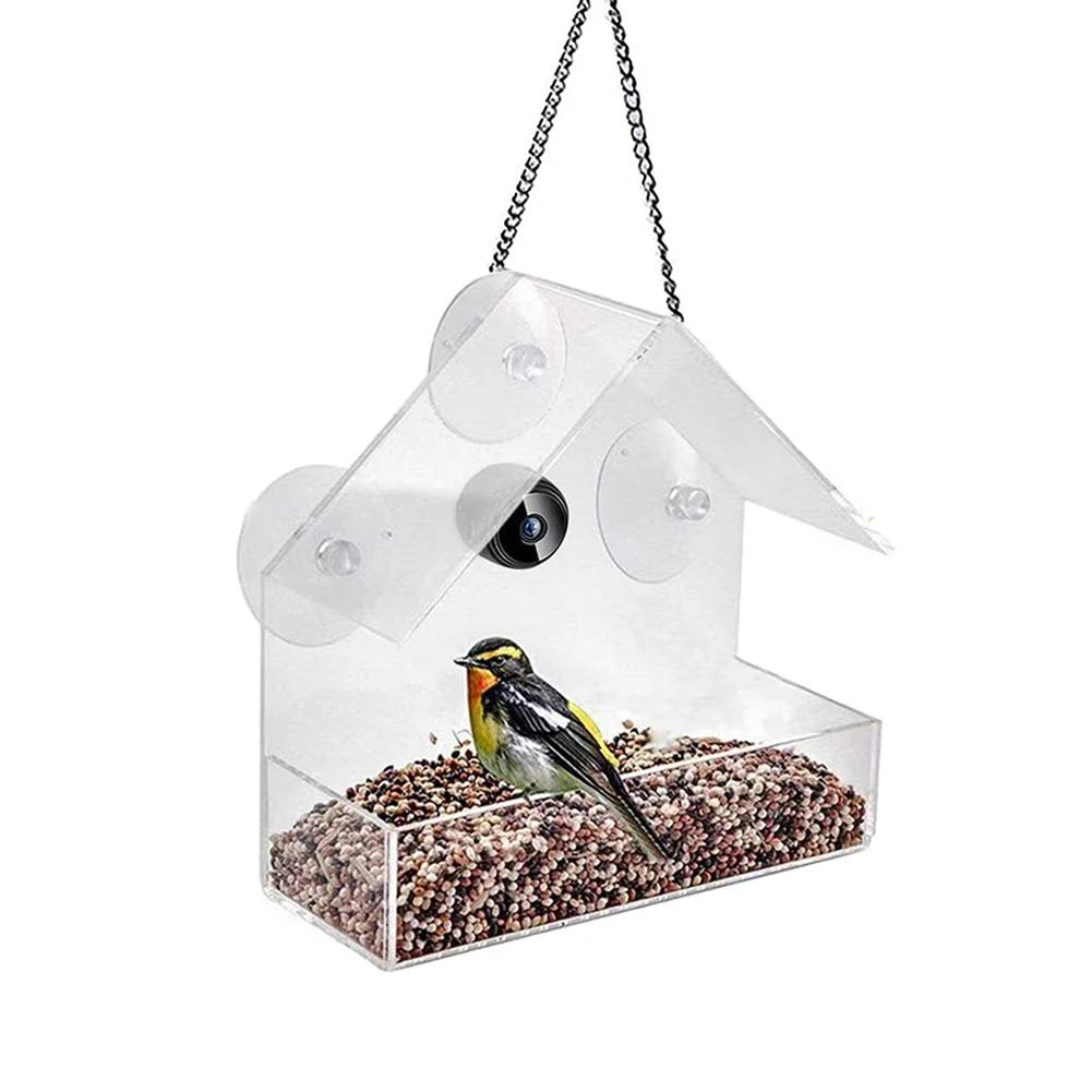 Smart Birds Hanging Feeder Acrylic with Camera Bird House Pet Feeder Transparent 1080P HD Easy Installation for Outdoor Garden