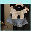 Stylish Summer Girl's Outfit Set Featuring Bow Tie Knit Vest And Frilled Denim Shorts