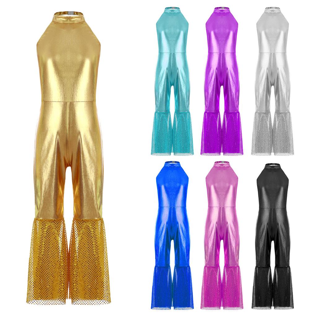 Girl Fancy Dress Up Metallic Sequins Movie Star Singer Bodysuit 70s Disco Dance Retro Cosplay Jumpsuit High Waist Jazz Dancewear