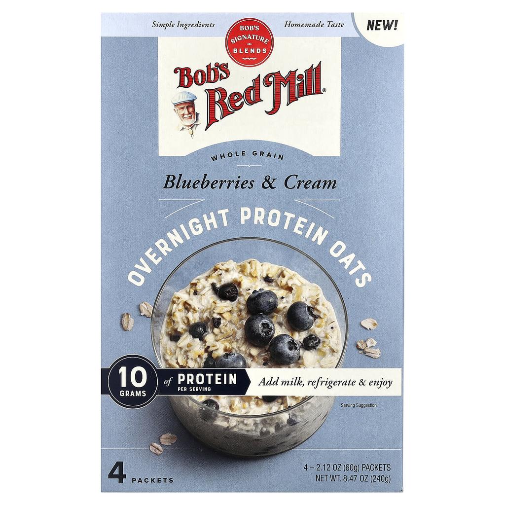 Bob's Red Mill, Протеиновая овсянка на ночь, Цельнозерновая, Черника и сливки, 4 упаковки, 60 г (2,12 унции) Каждый