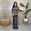 Women Fashion Sets Evening Dress Sexy Clubwear Black Long Sleeve Rhinestone T-Shirt and Skirt 2 Pcs Sets S-2XL