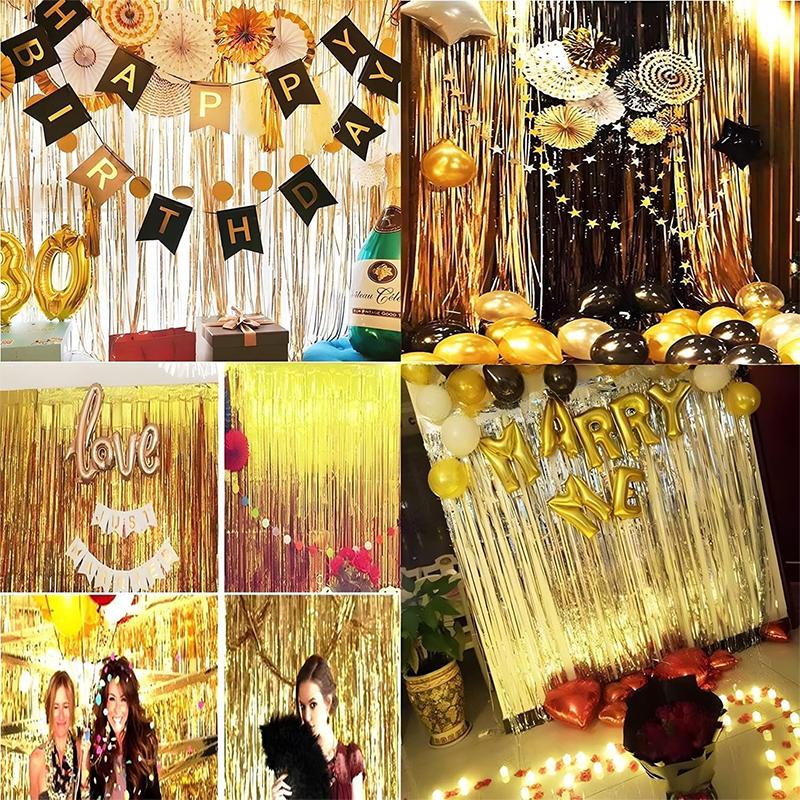 2Meters Party Backdrop Curtains Glitter Gold Tinsel Fringe Foil Curtain Birthday Wedding Decoration Adult Anniversary Decortion