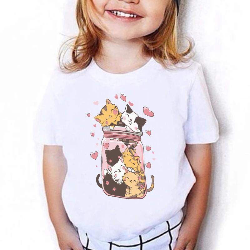 Y2k Lovely Cat Shirts Manga Kids Children's T-shirt Kawaii Boys Girls Summer Spring Casual Top Tee
