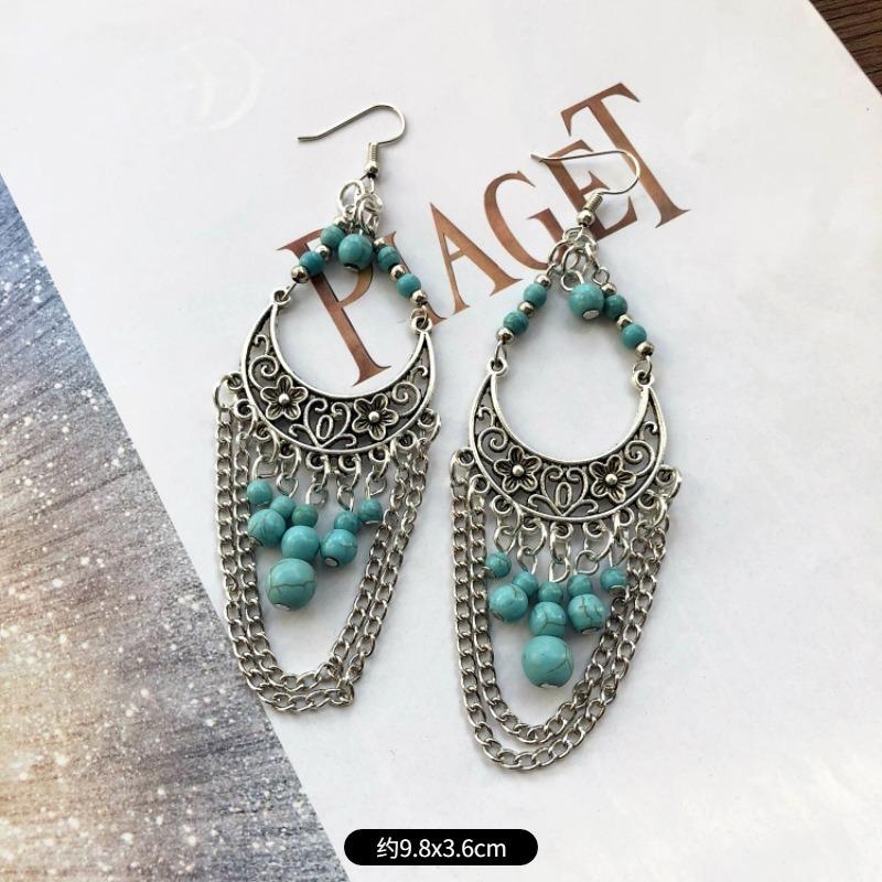 Темпераментные ретро бирюзовые серьги, серьги с бахромой в виде капель воды из состаренного серебра, женские универсальные длинные украшения для ушей