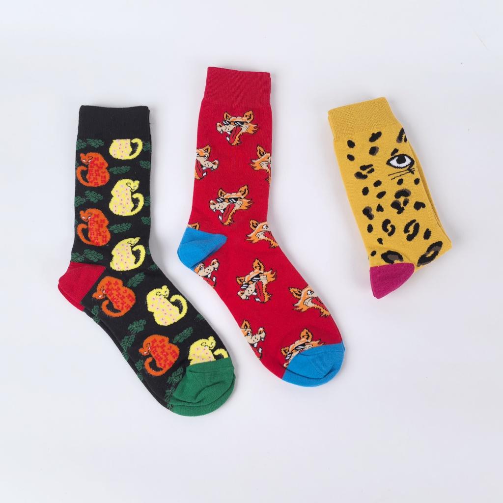 1 Pair Animal Collection Wolf and Leopard Pattern Men's Mid Calf Socks Trendy Street Fashion Suit In All Seasons Wearing