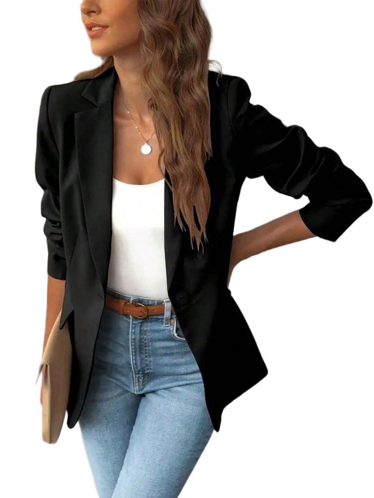 Women's Long Sleeve Open Front Blazer Button Detail Casual Work Office Jacket