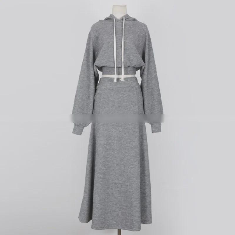 2024 Розовый свободный комплект из толстовки с длинными рукавами и юбки с высокой талией