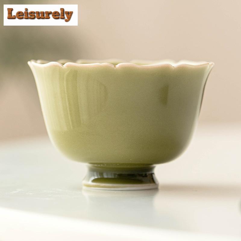 2 шт./набор чашек для чая Yaozhou Kiln Celadon Tea Dust Green High Foot Petal Cup Descubre Tea Bowl Personal Master Mug Kung Fu Teaset 70ML