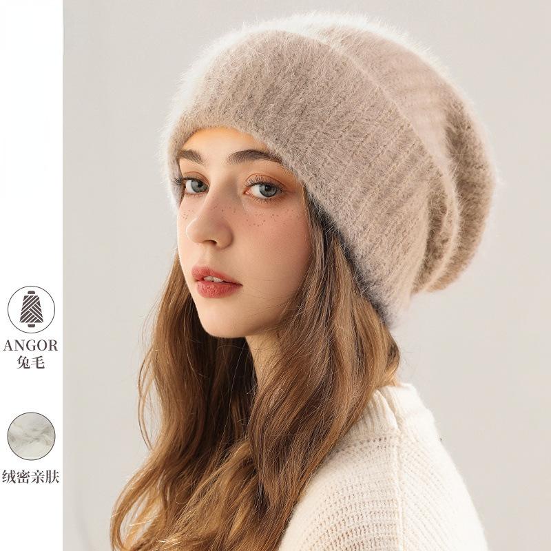 Female autumn and winter rabbit fur hat white warm thickened large head circumference showing face small plush knitted ear protector wool hat