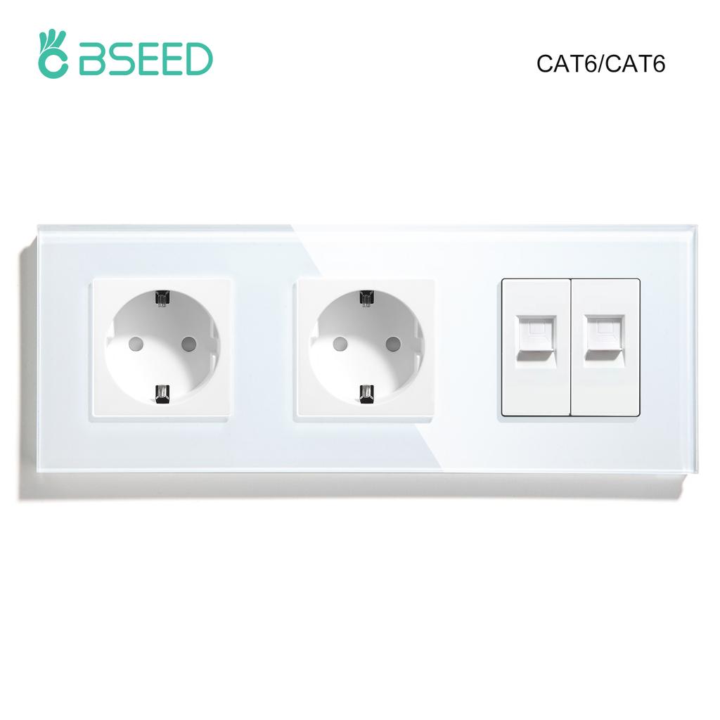 BSEED Двойная интернет-розетка CAT6 Настенная розетка Плюс EU Розетки питания Плюс Сетевой PC Data Компьютерный Коннектор Розетки Стеклянная Панель
