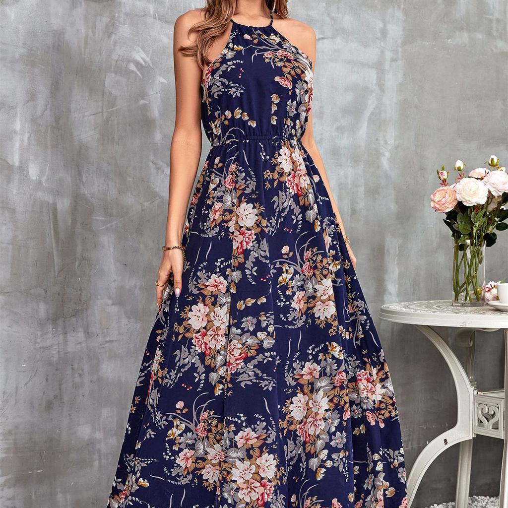 DAFIFY Women's Fashion Summer Spring Flower Pattern Print Sleeveless High Waist Casual Dresses