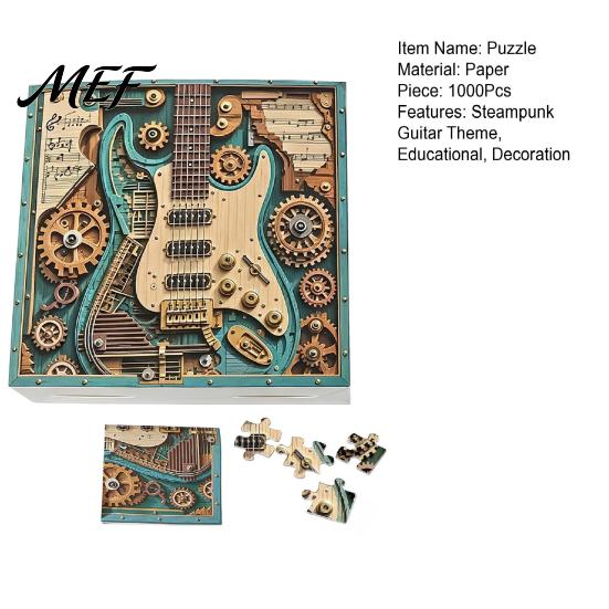 Adults Jigsaw Puzzle 1/2 Sets 1000Pcs Steampunk Guitar Art Puzzle, Gear Challenge Game, Educatoional Musical Instrument Toy for Desk Decor