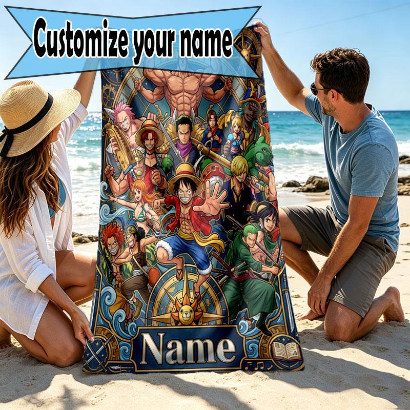 Custom Name Personalized ONE PIECE Print Beach Towel, for Trip Camping Beach Party Home Decor, Birthday Gift for Family & Friends