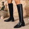 Модные черные ботфорты на толстом каблуке для женщин, осенне-зимние, из искусственной кожи, женские сапоги до колена, на молнии, с острым носком, женские ботильоны, размер 42