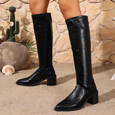 Черные ботфорты на толстом каблуке для женщин осень зима из искусственной кожи длинные сапоги женские слипоны с острым носком botas mujer размер 42