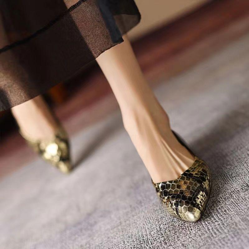 Туфли-лодочки с острым носком, узором под змею, без застежки, на низком каблуке, элегантные, для женщин, летние, молодежный тренд, корейский стиль, шик, острый носок, повседневные, женские балетки
