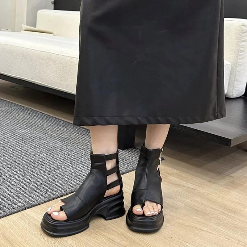 Сандалии на платформе с высоким берцем, женские, ретро, с открытым носком, с пряжкой на ремне, с полой подошвой, толстой подошвой, с молнией сзади, в римском стиле