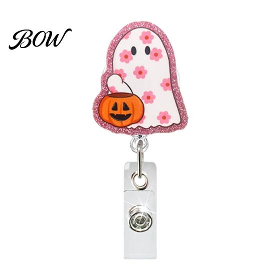 Office Badge Clip Retractable Holder, Halloween Glitter Acrylic Reel, Cute Ghost Accessories Pumpkin ID Card Holder for Nurse Doctor Teacher