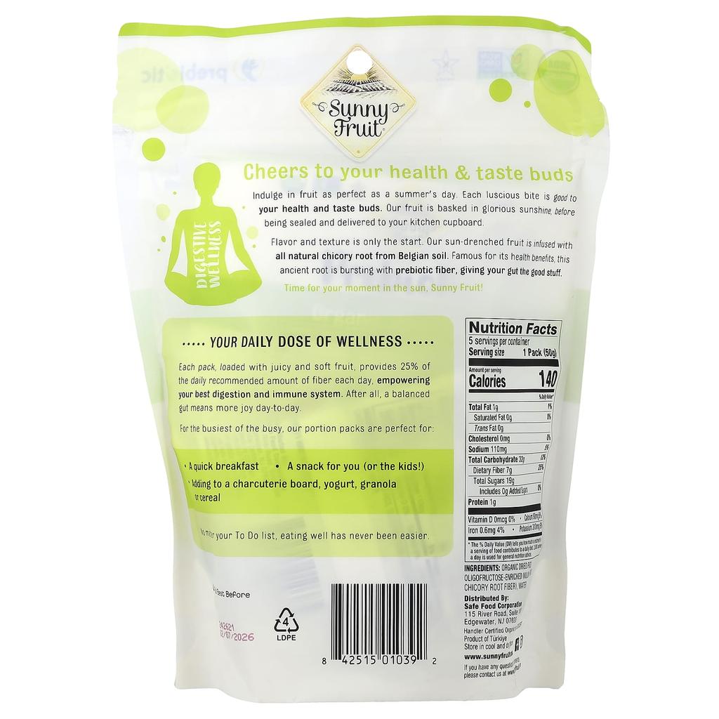 Sunny Fruit, Organic Dried Figs with Prebiotics, 5 Packets, 50g (1.76oz) Each