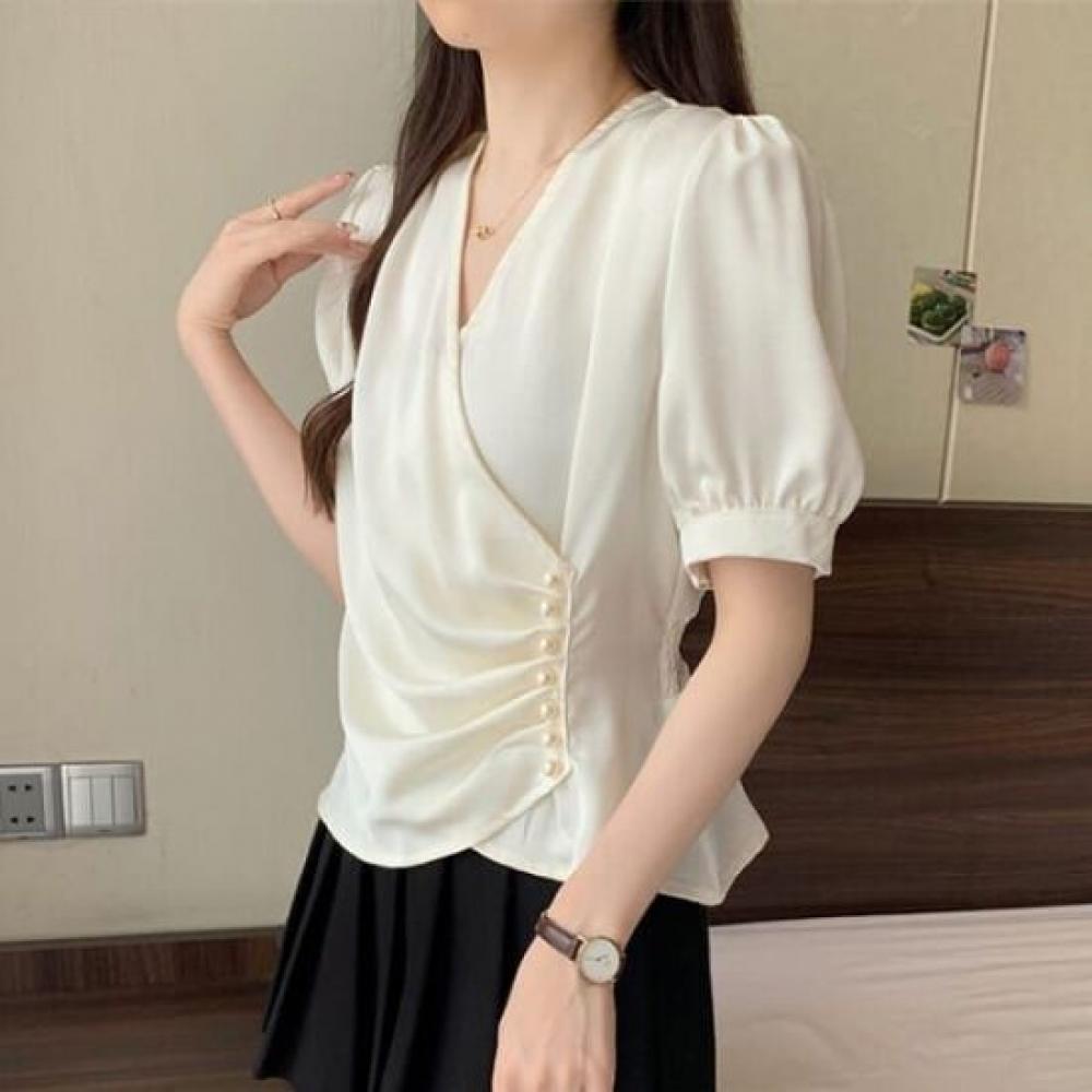 Navava Women Lovely Pearl Button Shirring Wrap Short Sleeve Blouse Nb2817