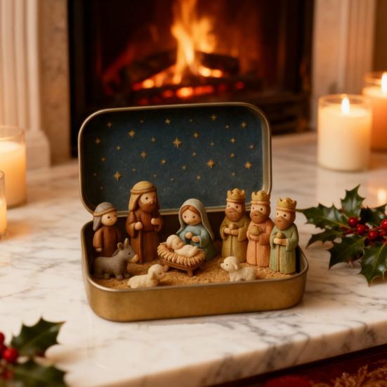 Miniature Christmas Nativity Set In A Tin Box Handcrafted Pocket Nativity Scene Gift Small Religiou Holy Family Ornament for Desk Shelf Travel Decor