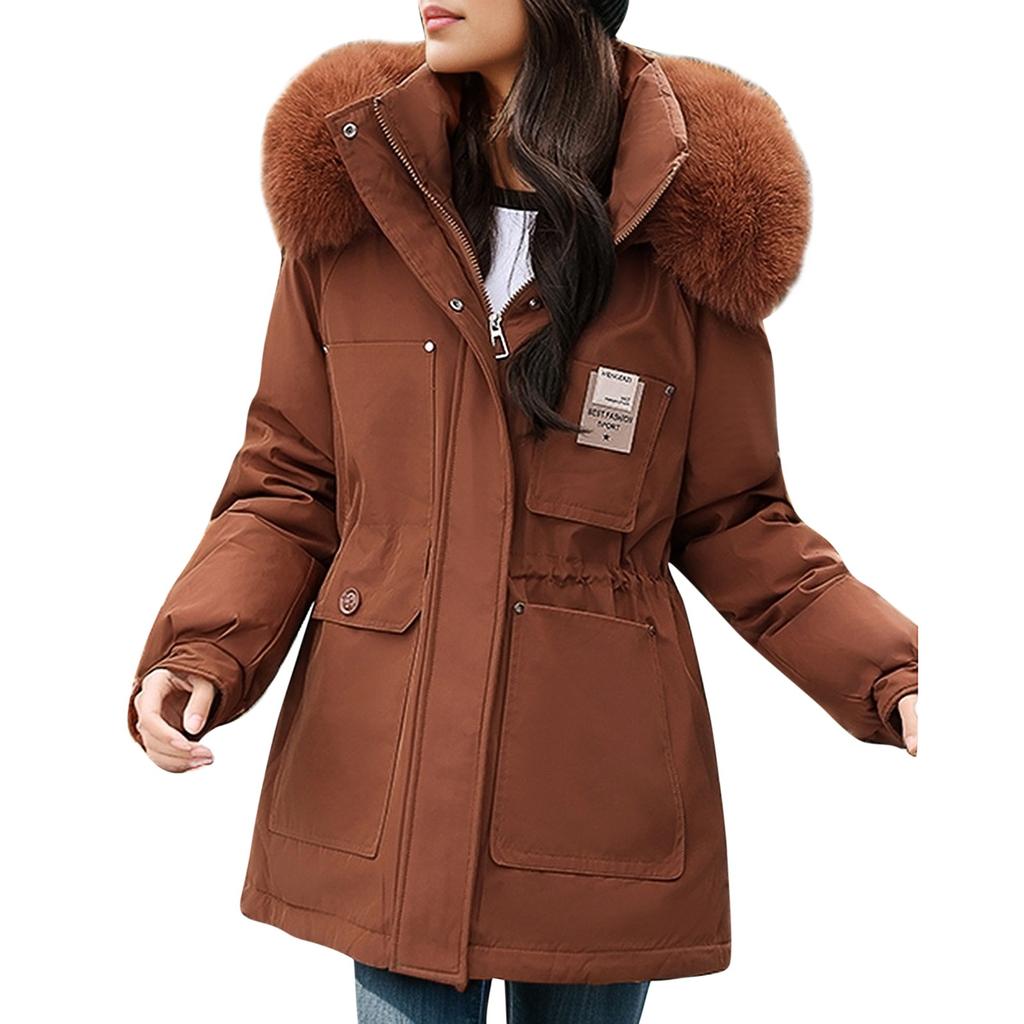 Women's Fashionable Skinny Plush Collar Zipper Hooded Winter Warm Cotton Coat Down Jacket