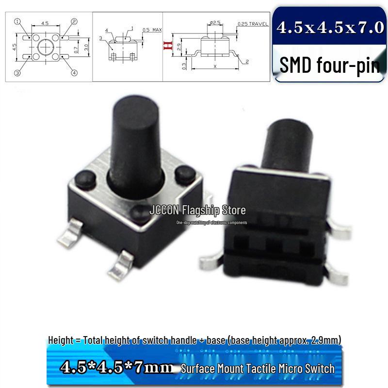 Тактильный микропереключатель SMD 4,5x4,5 мм, Варианты высоты: 3,8-9 мм, Медные штифты