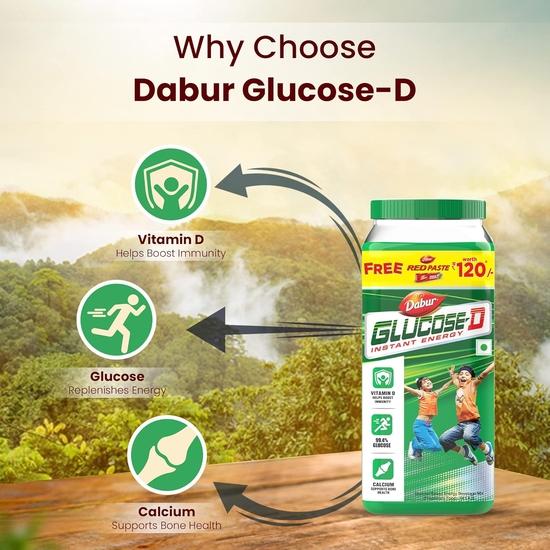 Dabur Glucose-D Juicy & Tasty - 1 кг порошка с красной пастой 200 г бесплатно | Мгновенная подзарядка энергией с 99,4% глюкозой | Витамин D помогает повысить иммунитет