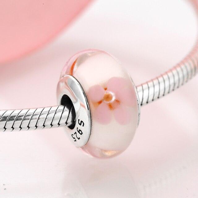 100 %Authentic 925 Sterling Silver Pink Heart Murano Glass Beads Fit Original European Charms Bracelet Jewelry