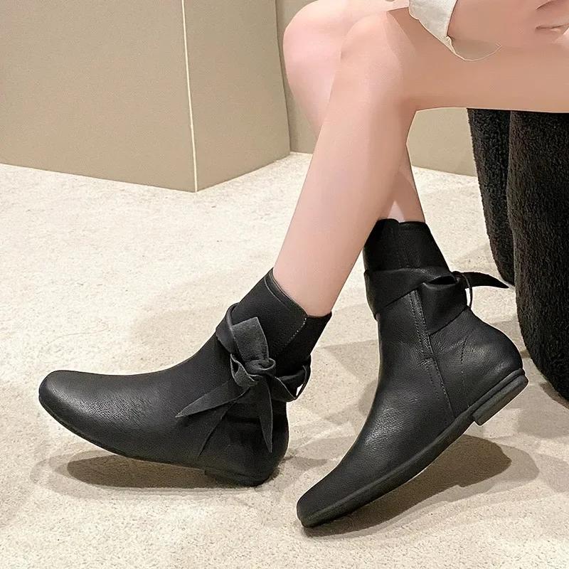 Fashion White Butterfly-knot Chelsea Ankle Boots Vintage Square Toe Flat Leather Low Heels Slip-on Shoes 2024 Women's Slim Western Boots