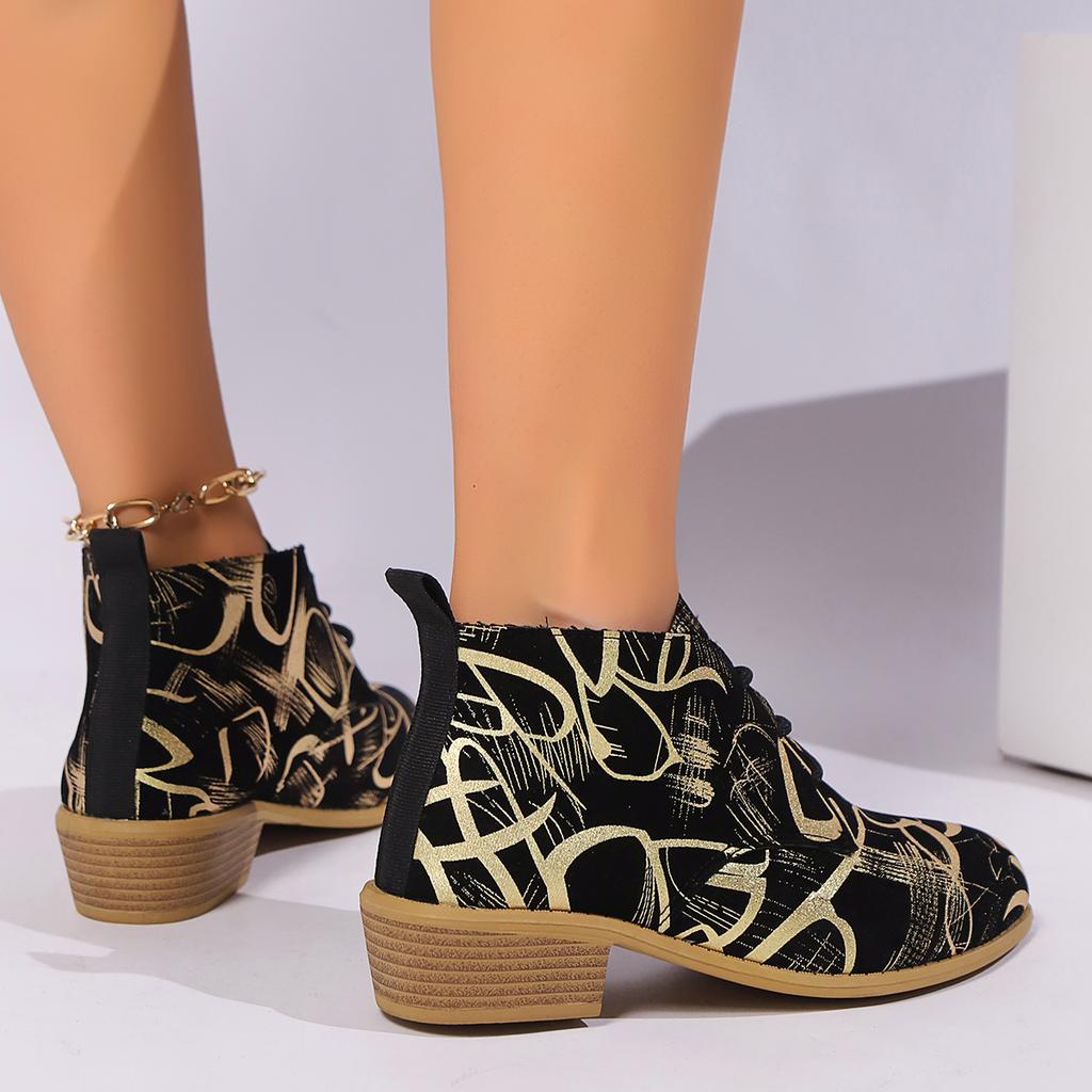 Мода Модные полосатые ботильоны с граффити для женщин 2024 года, новые короткие ботинки на шнуровке и толстом каблуке для женщин, осень-зима, принт Botas Muejr