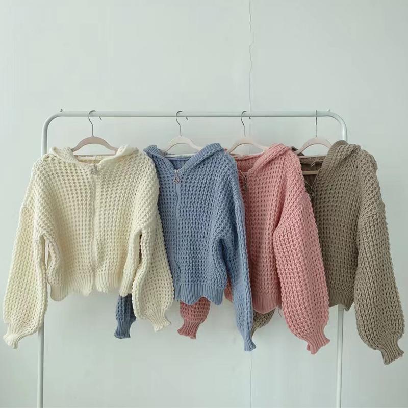 Вязаный кардиган с капюшоном, свитер, свободная куртка на молнии с длинными рукавами