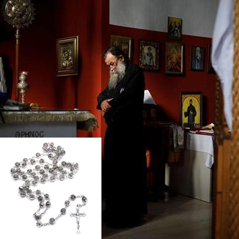 Catholic Rosary Necklace Plastic Rose Flowers Bead Cross Crucifix Pendant Vintage Religious Jewelry for Women Meditation