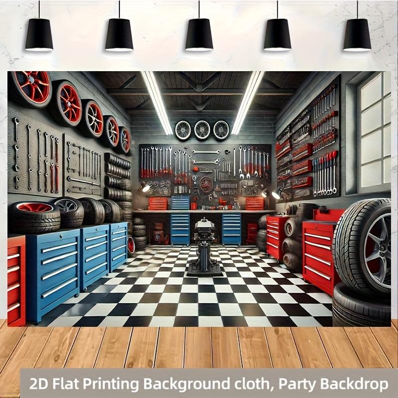 1 piece of 2D flat, retro auto repair shop, polyester photo background cloth, party banner pull-up flags, birthday supplies