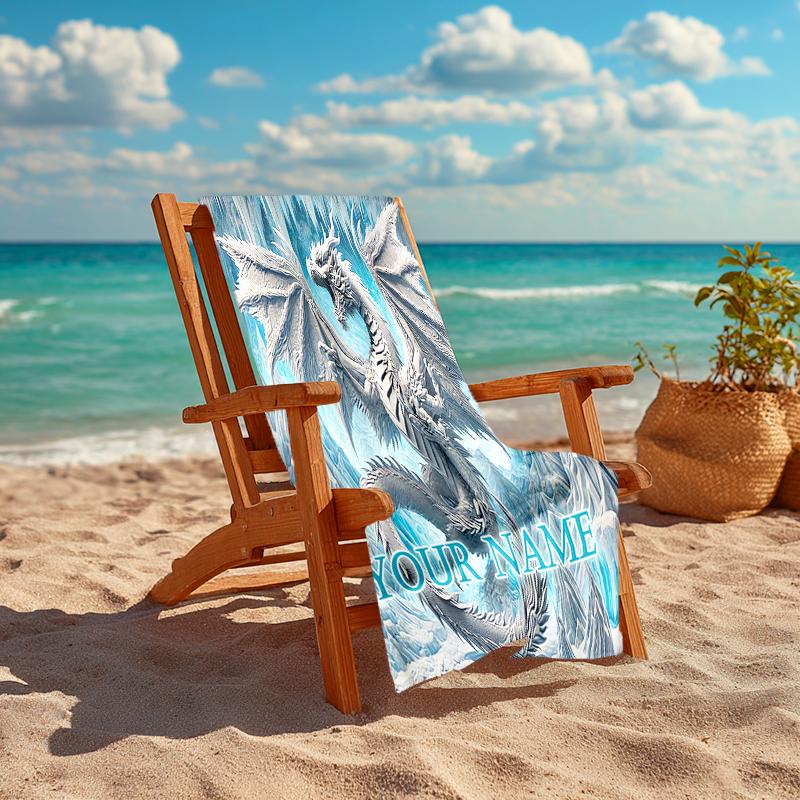 1PC Custom Name Frosty Dragon's Majesty Beach Towel Highly Absorbent And Sand-Resistant Towel for Swimming, Pool, Yoga, And Travel Lightweight