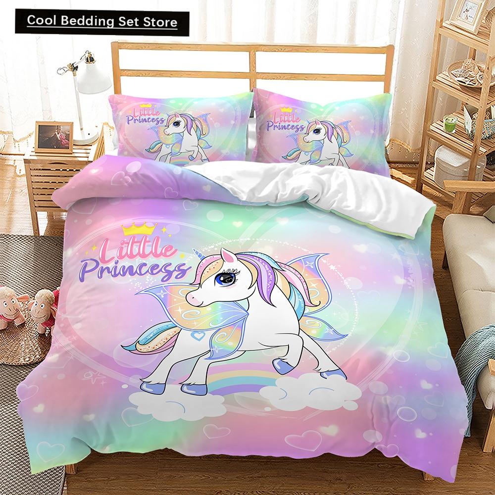 Комплект постельного белья Rainbow Unicorn Kawaii с изображением мультяшных животных для детей и девочек, 2/3 шт., односпальный, двуспальный, двуспальный, комплект пододеяльников размера Queen