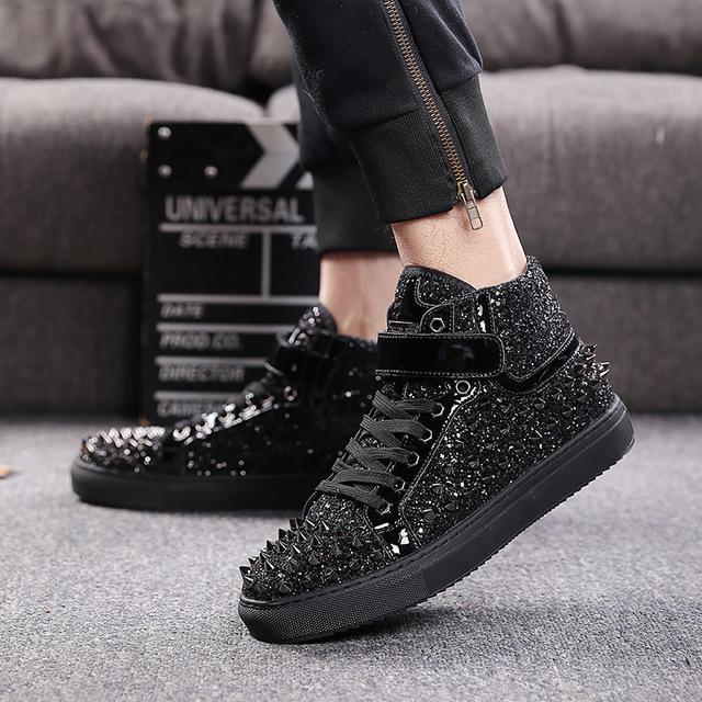 Brand Black Silver Leather Rivets Men Shoes High-Top Fashion Spike Sneakers Shoes Outdoors Flats Casuals Shoes Chaussure Homme