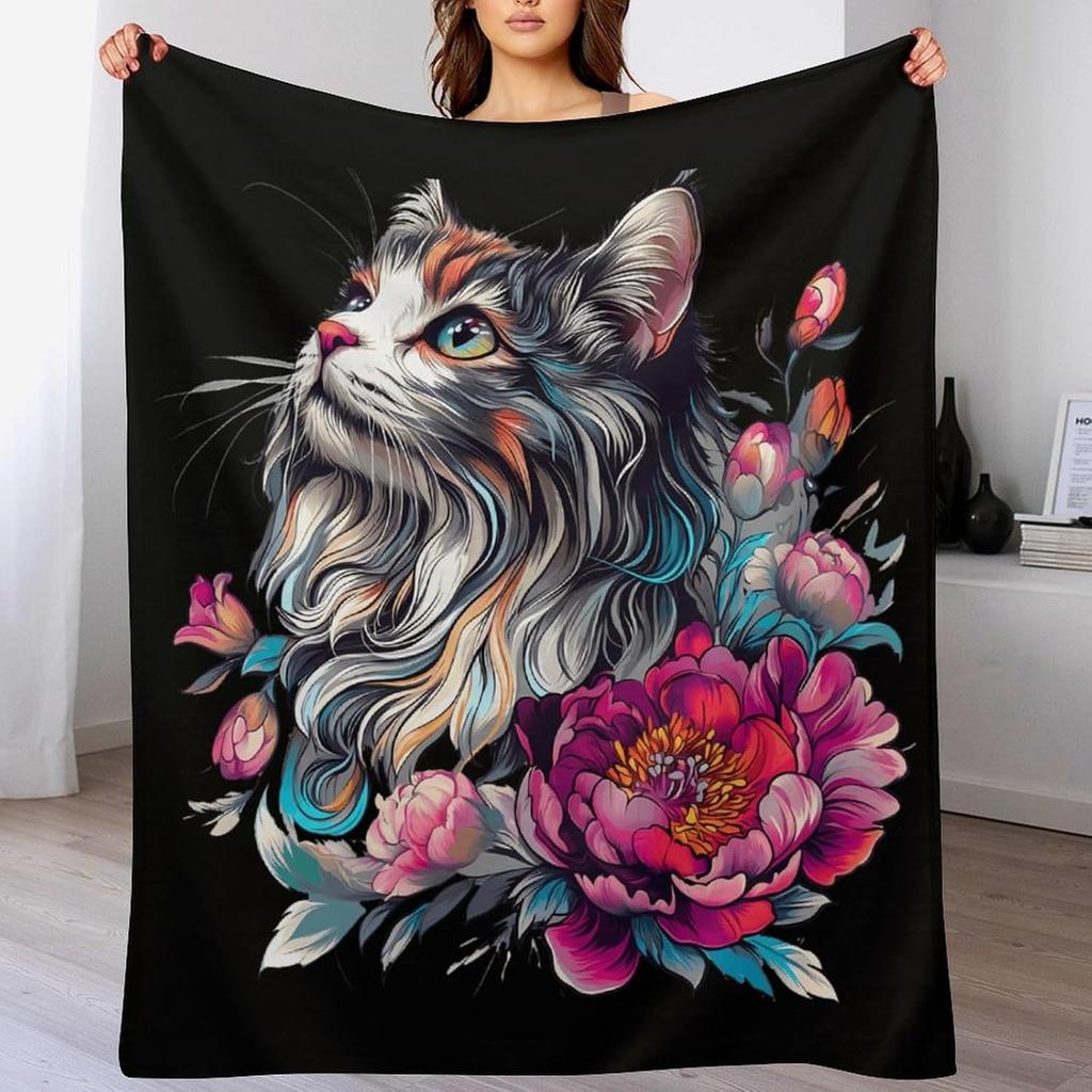 1PC Boho Cute Cat Flower pattern Throw Thin Fashion Blanket Pop arts Gifts for Couch Bed Car Home for Flowers Leaf Lovers all season use