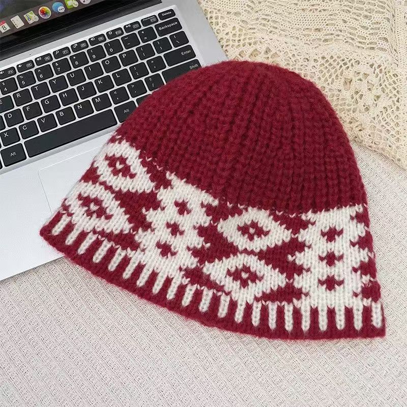 Knitted hat bucket hat autumn and winter retro rhombus warm ear protector cold hat wool hat