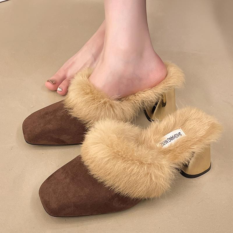 Квадратный носок толстые женские хлопковые тапочки замшевые меховые дизайнерские туфли на высоком каблуке 2025 тренд короткие плюшевые модные туфли-лодочки зимние женские туфли Zapatos