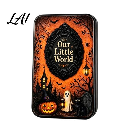 Artistic Resin Metal Ornaments Halloween Miniature Scene Tin Box DIY Shadow Box Photo Frame Micro Vintage Scenes Landscape Display Case with 4 Mini