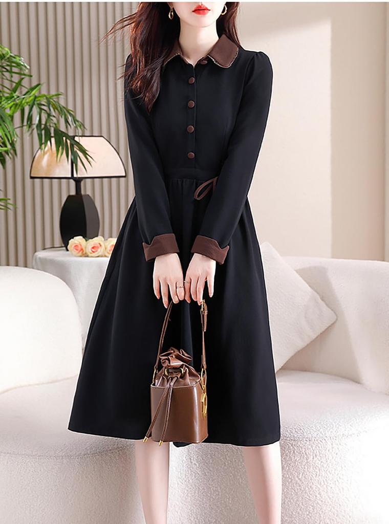 Seira Shirt Long High Retro Perfect for Commuting Women's Dress, Autumn/Winter, Sleeve, Knee-Length, Fold-Over Collar, Waist, A-Line, Style, Slimming,