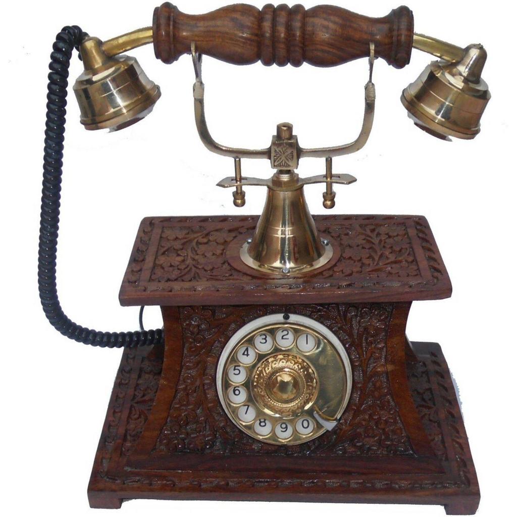 Shesham Wood & Brasss Made Operationall Telephonee With Well Carving On It Decorative Showpiece - 23 Cm (Brass, Brown)